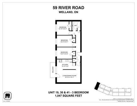 A black and white image of a floor plan for a unit at 59 River Road, Welland, ON.